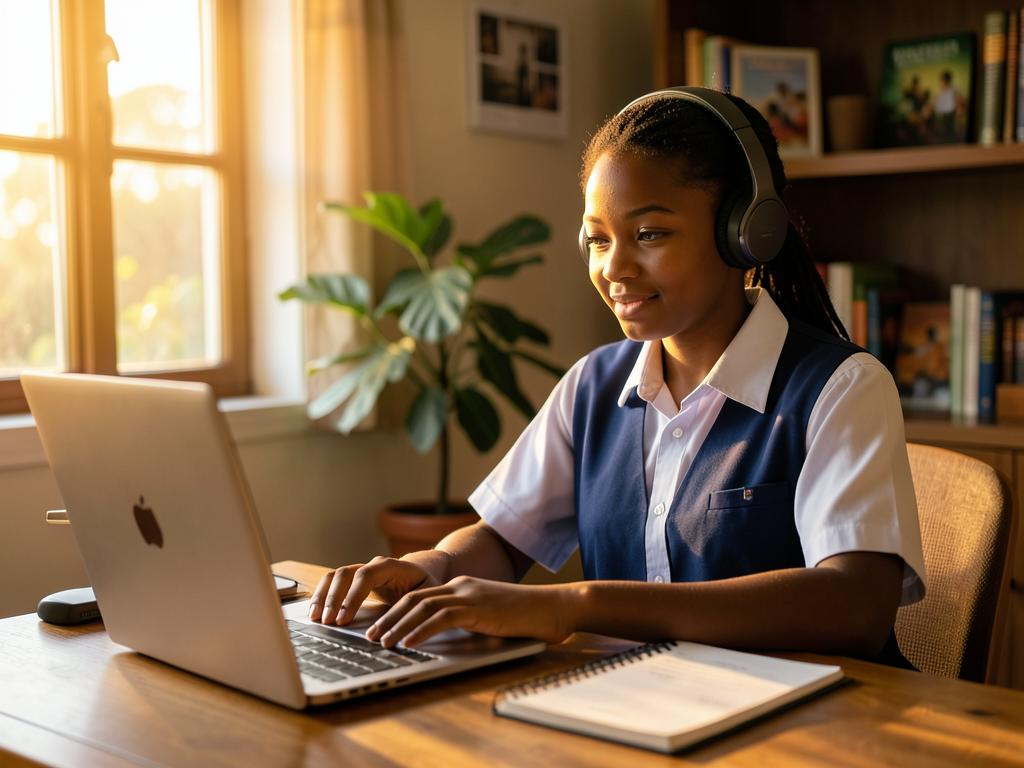 A Ghanaian student learning online with a laptop and headphones at home
