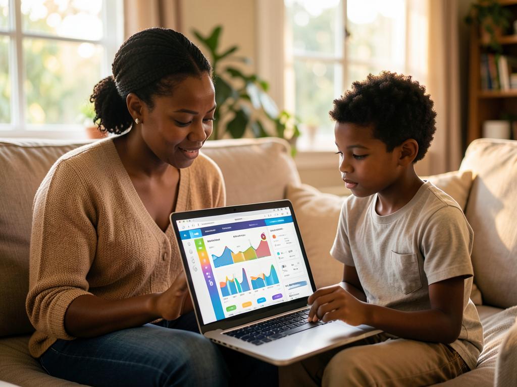 A mother and son reviewing his learning progress dashboard on a laptop